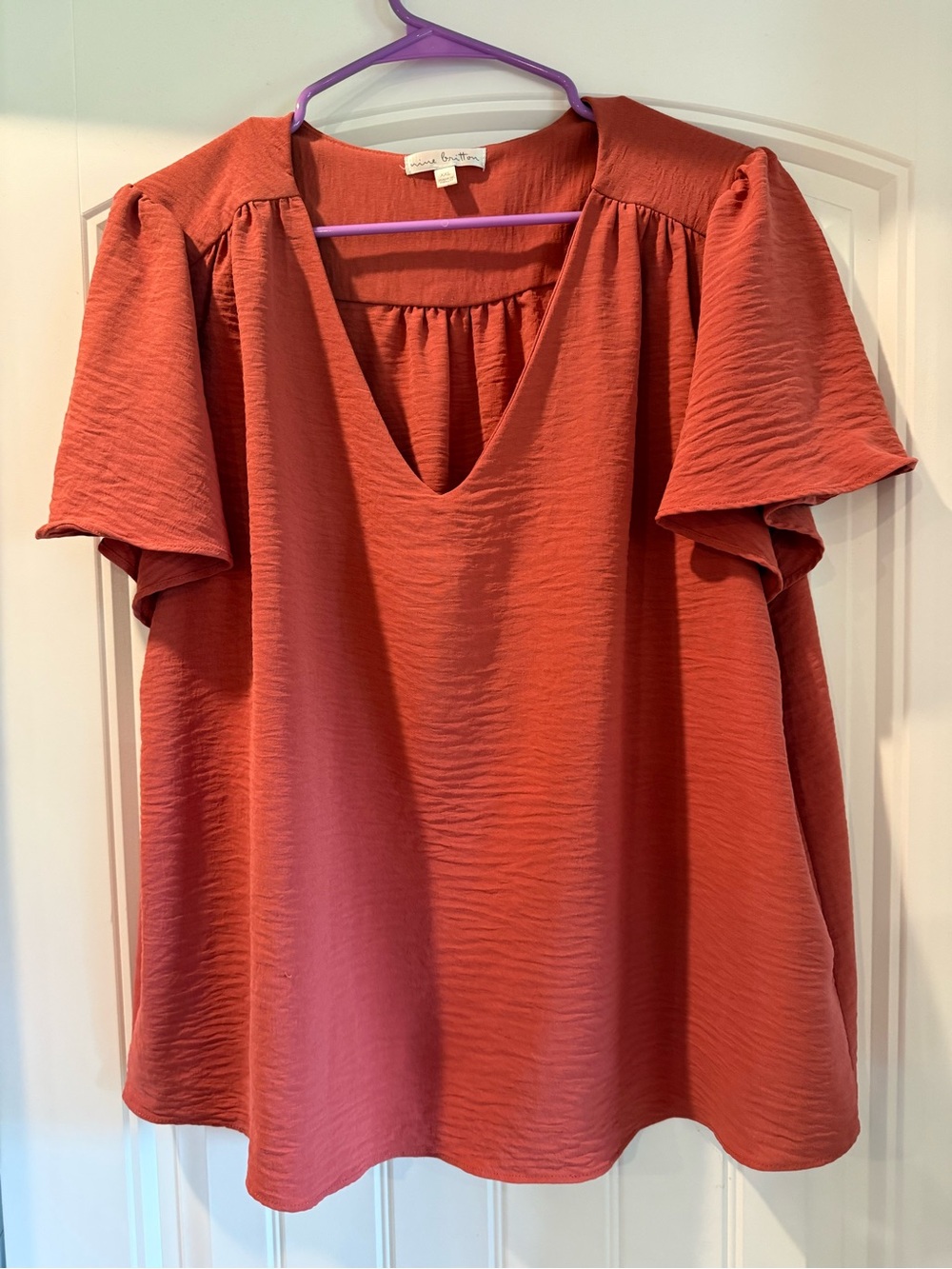 nine britton Rust V-Neck Flutter Sleeve Blouse